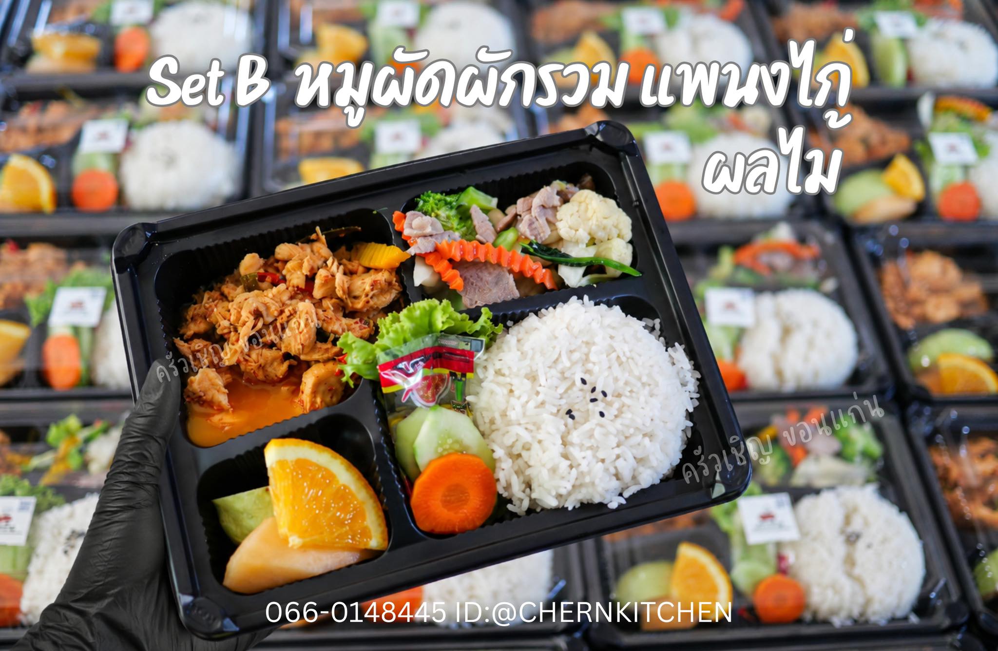 Set B ❤️ Lunchbox หมูผัดผักรวม แพนงไก่ ผลไม้